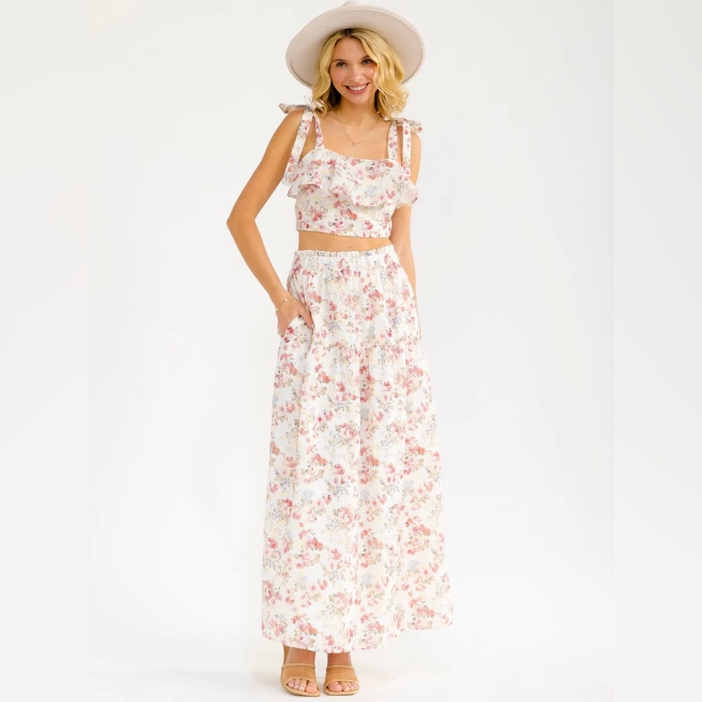 074 • Roses Print Cream Embroidery Floral Maxi Skirt Ruffle Crop Top Summer Set - Picture 3 of 11